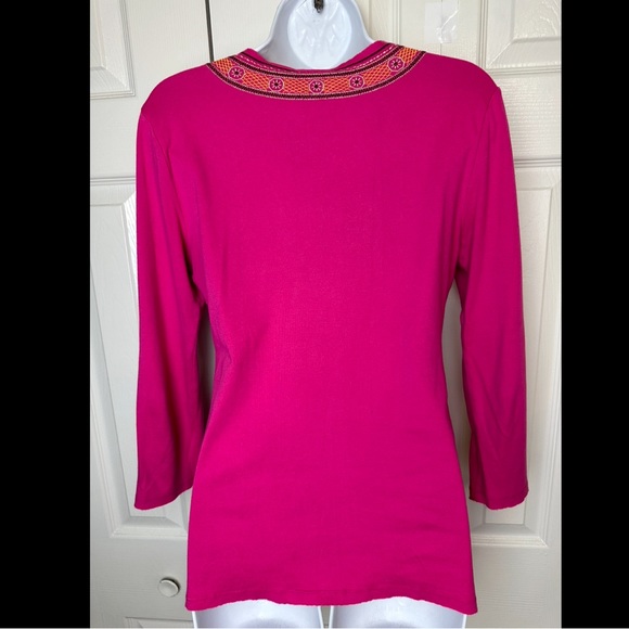 TORY BURCH Embroidered Shirt Top Blouse Pink Orange Brown Bid Front Tee Knit - Picture 4 of 9